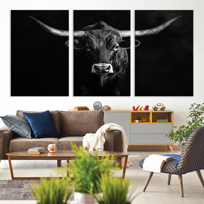 42077175-MGV-CV-36X24-Texas Longhorn Wall Art Canvas Print, Framed Monochrome Bull Art Picture Print, Horned Bull Perfect Rustic Western Decor Artwork