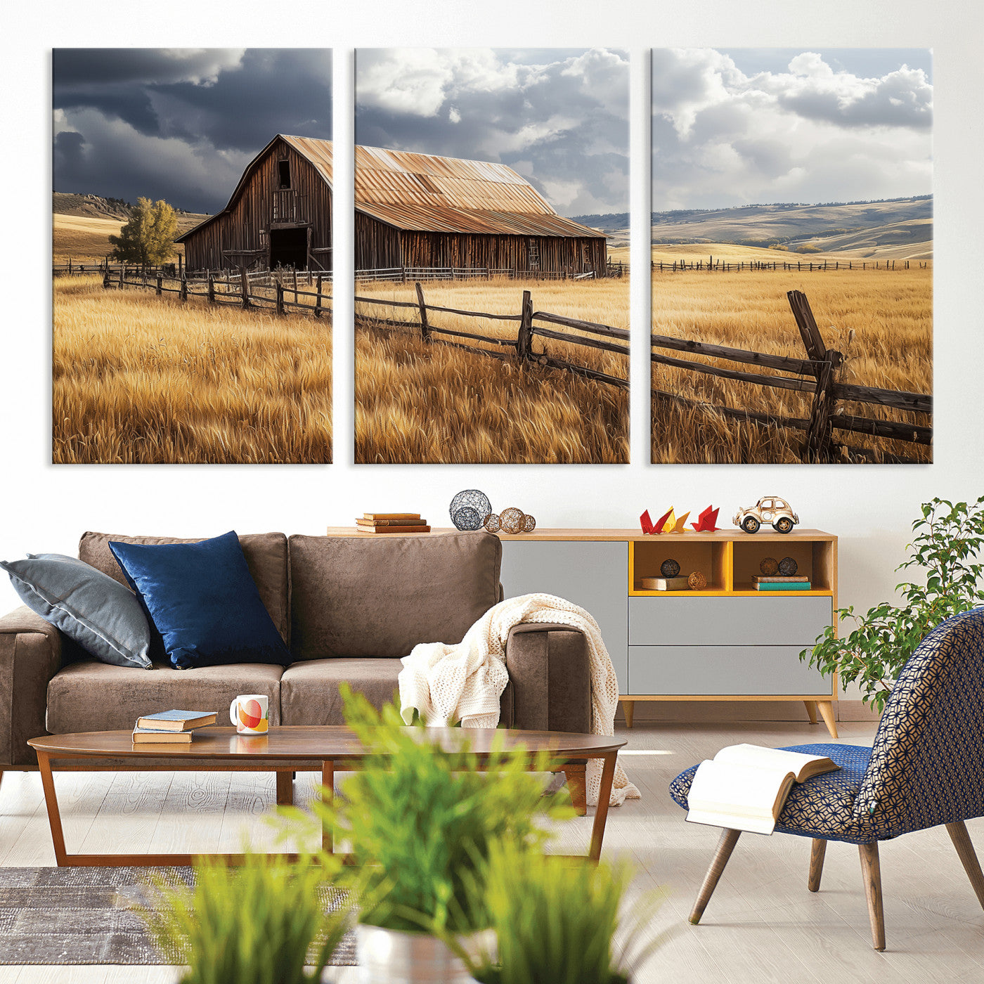38758826-MGV-CV-36X24-Rustic Barn Wall Art Canvas Print, Framed Moody Barn Art Picture Print, Golden Field Perfect Rustic Farmhouse Decor Artwork