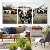 79025945-MGV-CV-36X24-Texas Longhorn Wall Art Canvas Print, Framed Speckled Cow Art Picture Print, Horned Cattle Perfect Rustic Western Decor Artwork