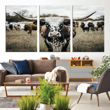 79025945-MGV-CV-36X24-Texas Longhorn Wall Art Canvas Print, Framed Speckled Cow Art Picture Print, Horned Cattle Perfect Rustic Western Decor Artwork