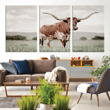28309012-MGV-CV-36X24-Texas Longhorn Wall Art Canvas Print, Framed Spotted Cattle Art Picture Print, Horned Bull Perfect Rustic Western Decor Artwork