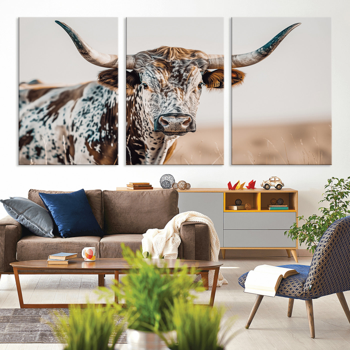70414966-MGV-CV-36X24-Texas Longhorn Wall Art Canvas Print, Framed Speckled Cow Art Picture Print, Horned Bull Perfect Rustic Western Decor Artwork
