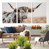 70414966-MGV-CV-36X24-Texas Longhorn Wall Art Canvas Print, Framed Speckled Cow Art Picture Print, Horned Bull Perfect Rustic Western Decor Artwork