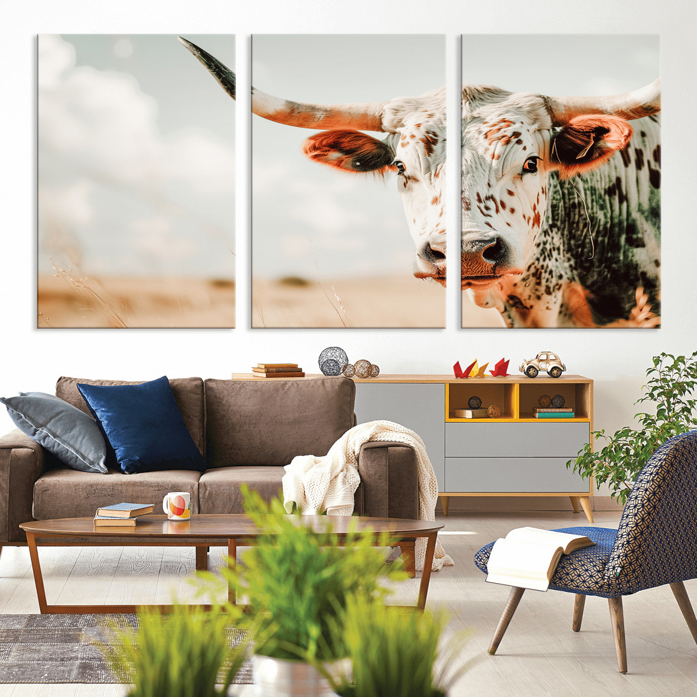 72766375-MGV-CV-36X24-Texas Longhorn Wall Art Canvas Print, Framed Spotted Cow Art Picture Print, Horned Cattle Perfect Rustic Western Decor Artwork