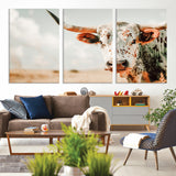 72766375-MGV-CV-36X24-Texas Longhorn Wall Art Canvas Print, Framed Spotted Cow Art Picture Print, Horned Cattle Perfect Rustic Western Decor Artwork