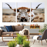 76294381-MGV-CV-60X30-3P-Texas Longhorn Wall Art Canvas Print, Framed Spotted Cow Art Picture Print, Horned Cattle Perfect Rustic Western Decor Artwork
