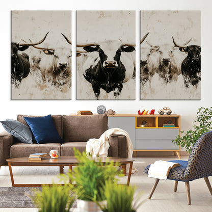 12027562-MGV-CV-36X24-Longhorn Cattle Wall Art Canvas Print, Framed Bison Herd Art Picture Print, Cattle Group Perfect Rustic Farmhouse Decor Artwork