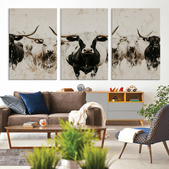 12027562-MGV-CV-36X24-Longhorn Cattle Wall Art Canvas Print, Framed Bison Herd Art Picture Print, Cattle Group Perfect Rustic Farmhouse Decor Artwork