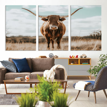 39350715-MGV-CV-36X24-Texas Longhorn Wall Art Canvas Print, Framed Longhorn Cow Art Picture Print, Western Cattle Perfect Rustic Western Decor Artwork