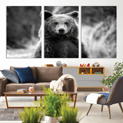 MGV-CV-60X30-3P - Grizzly Bear Wall Art Canvas Print, Framed Black White Bear Art Picture Print, Wild Bear Perfect Rustic Wildlife Decor Artwork