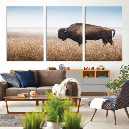91267849-MGV-CV-60X30-3P-Wild Bison Wall Art Canvas Print, Framed Bison in Prairie Art Picture Print, Rustic Western Perfect Rustic Western Decor Artwork