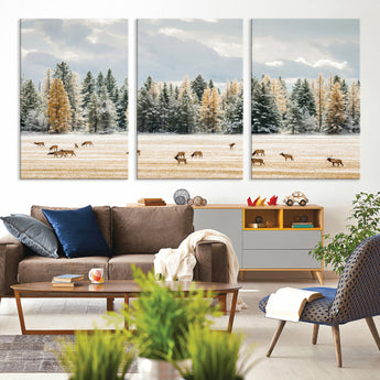 64188182-MGV-CV-36X24-Elk Herd Wall Art Canvas Print, Framed Snowy Forest Art Picture Print, Forest Elks Perfect Neutral Rustic Decor Artwork