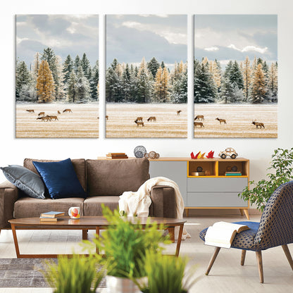64188182-MGV-CV-36X24-Elk Herd Wall Art Canvas Print, Framed Snowy Forest Art Picture Print, Forest Elks Perfect Neutral Rustic Decor Artwork