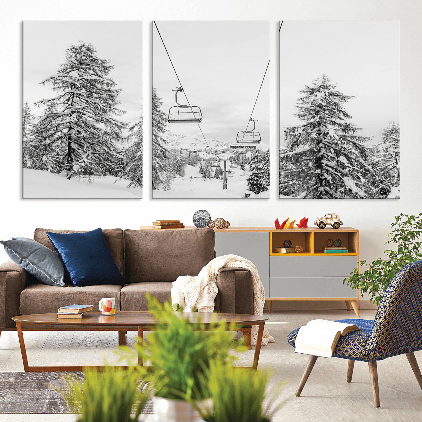 55003599-MGV-CV-36X24-Snowy Ski Lift Wall Art Canvas Print, Framed Winter Forest Art Picture Print, Ski lift Ride Perfect Winter Lodge Decor Artwork
