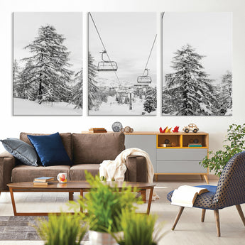 55003599-MGV-CV-36X24-Snowy Ski Lift Wall Art Canvas Print, Framed Winter Forest Art Picture Print, Ski lift Ride Perfect Winter Lodge Decor Artwork