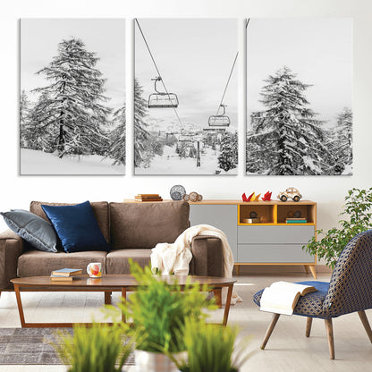 55003599-MGV-CV-36X24-Snowy Ski Lift Wall Art Canvas Print, Framed Winter Forest Art Picture Print, Ski lift Ride Perfect Winter Lodge Decor Artwork