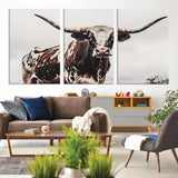 95249234-MGV-CV-36X24-Texas Longhorn Wall Art Canvas Print, Framed Spotted Bull Art Picture Print, Horned Cattle Perfect Rustic Farmhouse Decor Artwork