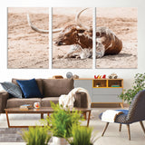 91248682-MGV-CV-36X24-Texas Longhorn Wall Art Canvas Print, Framed Resting Bull Art Picture Print, Spotted Cattle Perfect Rustic Western Decor Artwork