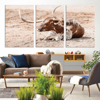 91248682-MGV-CV-36X24-Texas Longhorn Wall Art Canvas Print, Framed Resting Bull Art Picture Print, Spotted Cattle Perfect Rustic Western Decor Artwork