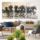 56089591-MGV-CV-36X24-Galloping Horses Wall Art Canvas Print, Framed Wild Stallions Art Picture Print, Horse Herd Sketch Perfect Monochrome Dynamic
