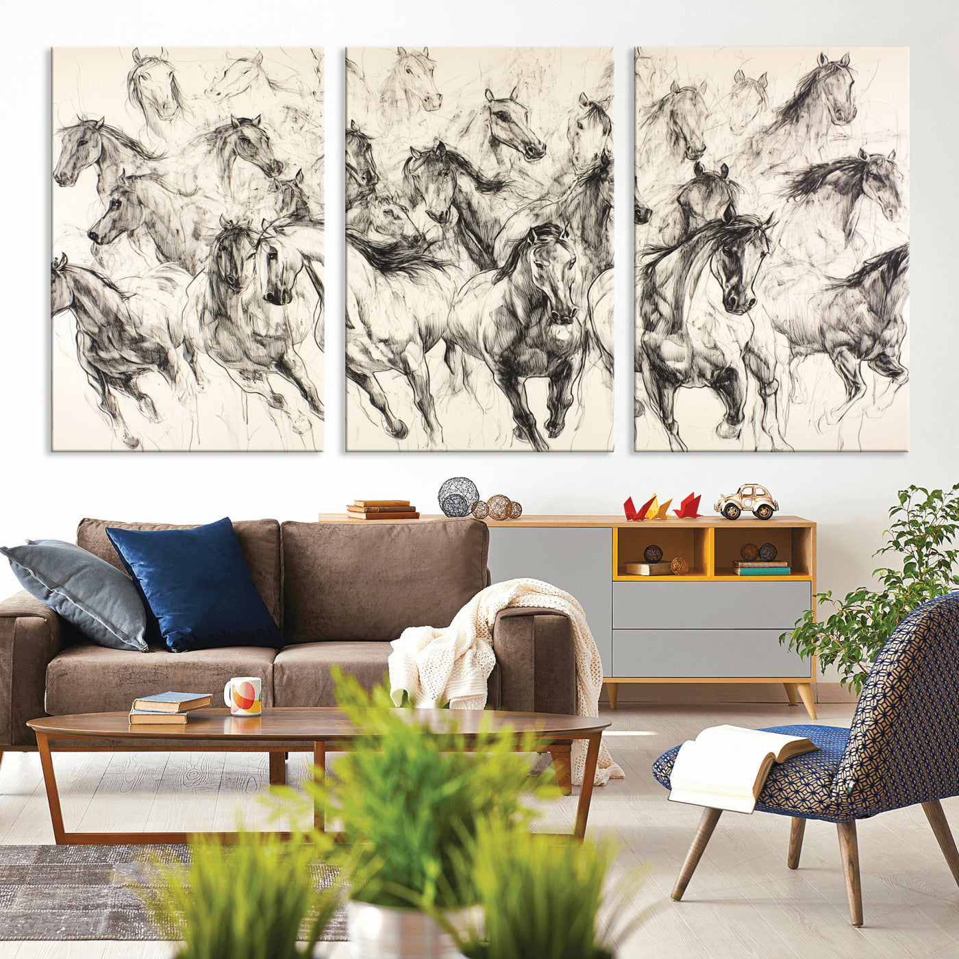 19433417-MGV-CV-36X24-Running Horses Wall Art Canvas Print, Framed Horse Sketch Art Picture Print, Galloping Herd Perfect Monochrome Western Decor
