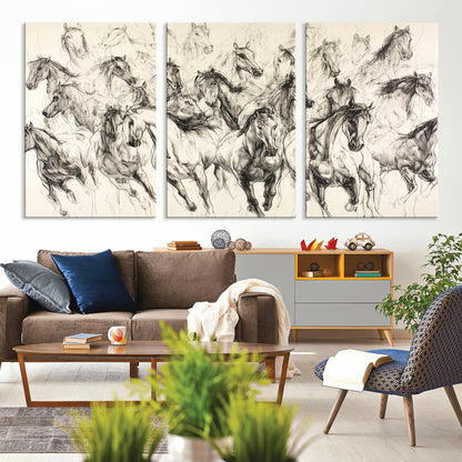 19433417-MGV-CV-36X24-Running Horses Wall Art Canvas Print, Framed Horse Sketch Art Picture Print, Galloping Herd Perfect Monochrome Western Decor