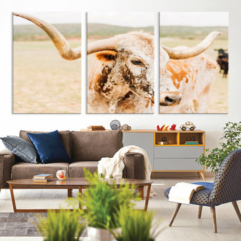 21060648-MGV-CV-36X24-Texas Longhorn Wall Art Canvas Print, Framed Speckled Cow Art Picture Print, Rustic Bull Perfect Rustic Western Decor Artwork