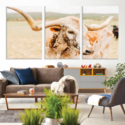 21060648-MGV-CV-36X24-Texas Longhorn Wall Art Canvas Print, Framed Speckled Cow Art Picture Print, Rustic Bull Perfect Rustic Western Decor Artwork