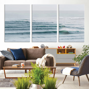 73969318-MGV-CV-36X24-Ocean Waves Wall Art Canvas Print, Framed Surfer Lineup Art Picture Print, Crowded Ocean Perfect Minimal Coastal Decor Artwork