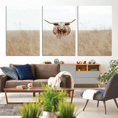 20927060-MGV-CV-36X24-Texas Longhorn Wall Art Canvas Print, Framed Lone Cattle Art Picture Print, Longhorn Bull Perfect Rustic Western Decor Artwork