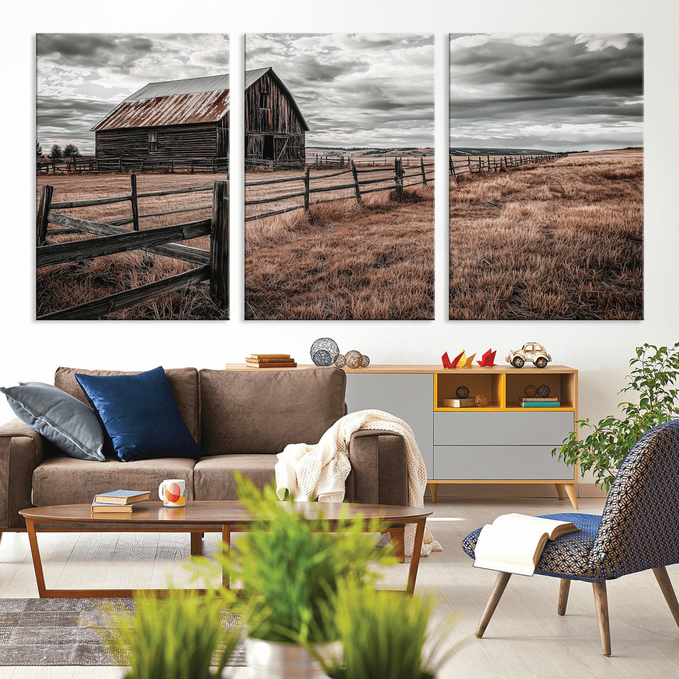 73898372-MGV-CV-36X24-Rustic Barn Wall Art Canvas Print, Framed Moody Field Art Picture Print, Weathered Fence Perfect Moody Farmhouse Decor Artwork