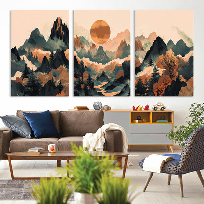 13012770-MGV-CV-36X24-Mountain Landscape Wall Art – Modern Nature Canvas Print with Sun, Misty Peaks, and Forest in Orange and Green Tones for Living