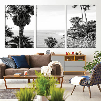 89458520-MGV-CV-36X24-Palm Trees Wall Art Canvas Print, Framed Coastal View Art Picture Print, Ocean Horizon Perfect Monochrome Coast Decor Artwork