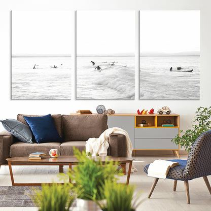 33449548-MGV-CV-36X24-Group Surfers Wall Art Canvas Print, Framed Ocean Wave Art Picture Print, Surf Crowd Perfect Monochrome Surf Decor Artwork