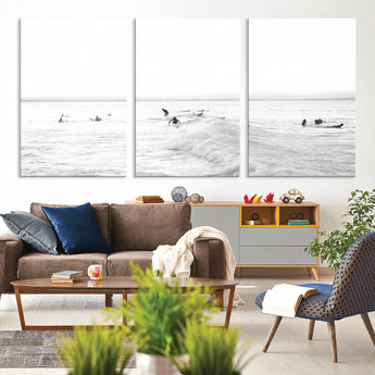 33449548-MGV-CV-36X24-Group Surfers Wall Art Canvas Print, Framed Ocean Wave Art Picture Print, Surf Crowd Perfect Monochrome Surf Decor Artwork