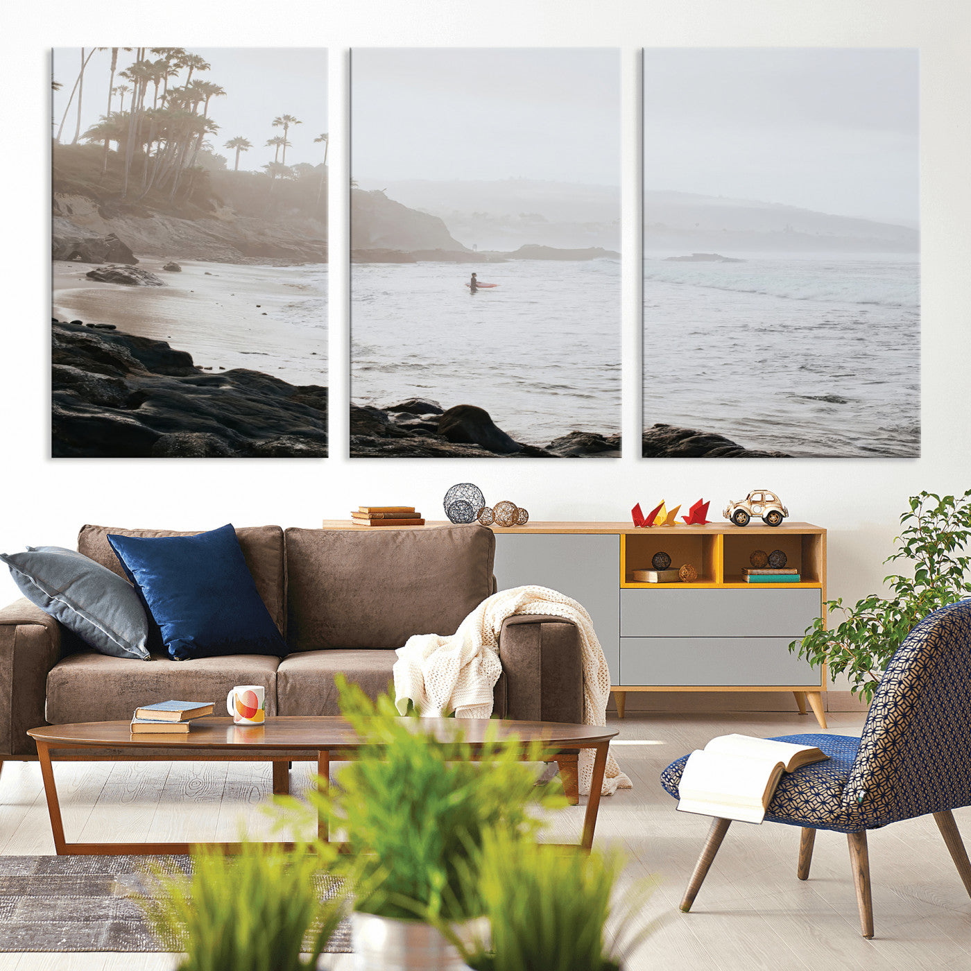 62501405-MGV-CV-36X24-Misty Beach Wall Art Canvas Print, Framed California Surfer Art Picture Print, Coastal Cliff Perfect Coastal Beach Decor Artwork