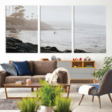 62501405-MGV-CV-36X24-Misty Beach Wall Art Canvas Print, Framed California Surfer Art Picture Print, Coastal Cliff Perfect Coastal Beach Decor Artwork