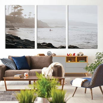 62501405-MGV-CV-36X24-Misty Beach Wall Art Canvas Print, Framed California Surfer Art Picture Print, Coastal Cliff Perfect Coastal Beach Decor Artwork