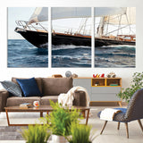 97168626-MGV-CV-36X24-Sailing Yacht Wall Art Canvas Print, Framed Wooden Yacht Art Picture Print, Ocean Waves Perfect Nautical Coastal Decor Artwork