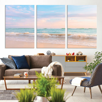 74679437-MGV-CV-36X24-Pastel Ocean Wall Art Canvas Print, Framed Beach Waves Art Picture Print, Soft Sunset Perfect Pastel Coastal Decor Artwork