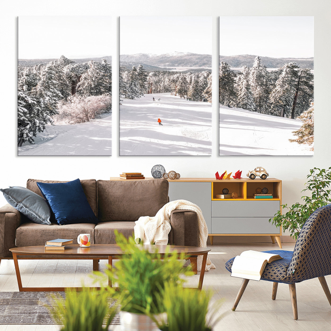 62119206-MGV-CV-36X24-Snowy Trail Wall Art Canvas Print, Framed Ski Slope Art Picture Print, Winter Pines Perfect Alpine Adventure Decor Artwork