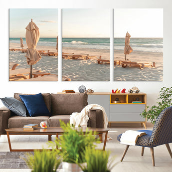 58507949-MGV-CV-60X30-3P-Beach Umbrellas Wall Art Canvas Print, Framed Empty Loungers Art Picture Print, Soft Sand Perfect Minimalist Seaside Decor Artwork