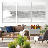 81535128-MGV-CV-36X24-Surfer Woman Wall Art Canvas Print, Framed Black Ocean Art Picture Print, Ocean Surfing Perfect Monochrome Coastal Decor Artwork