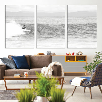 81535128-MGV-CV-36X24-Surfer Woman Wall Art Canvas Print, Framed Black Ocean Art Picture Print, Ocean Surfing Perfect Monochrome Coastal Decor Artwork
