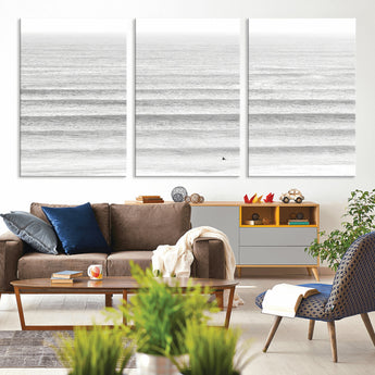 66534476-MGV-CV-36X24-Lone Surfer Wall Art Canvas Print, Framed Ocean Waves Art Picture Print, Minimal Sea Perfect Minimal Coastal Decor Artwork