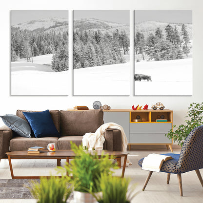 68081143-MGV-CV-36X24-Snowy Bison Wall Art Canvas Print, Framed Winter Forest Art Picture Print, Lone Bison Perfect Monochrome Winter Wild Decor Artwork