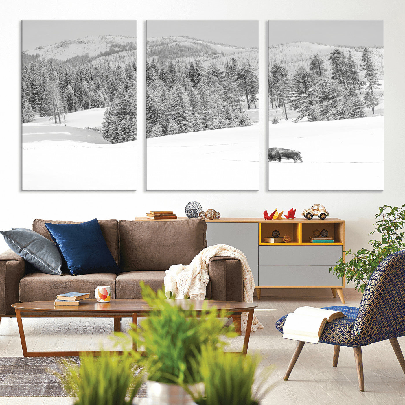 68081143-MGV-CV-36X24-Snowy Bison Wall Art Canvas Print, Framed Winter Forest Art Picture Print, Lone Bison Perfect Monochrome Winter Wild Decor Artwork