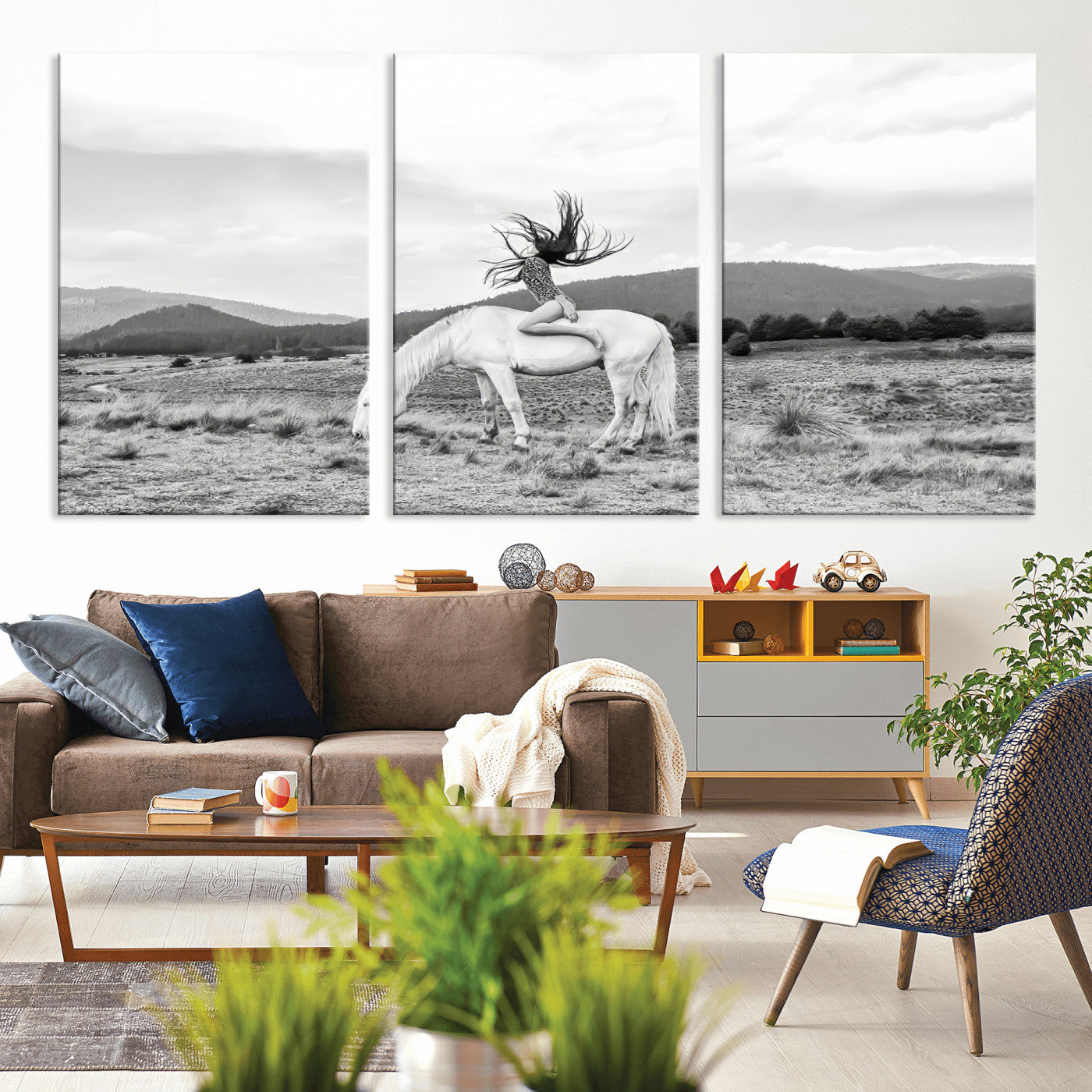 62789800-MGV-CV-36X24-White Horse Wall Art Canvas Print, Framed Woman Rider Art Picture Print, Equestrian Pose Perfect Western Boho Decor Artwork
