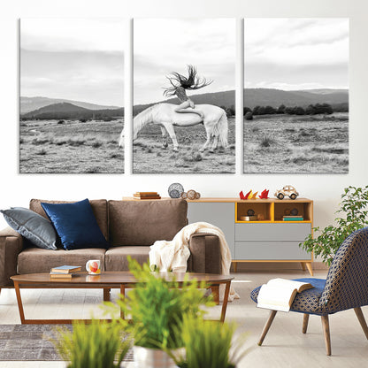 62789800-MGV-CV-36X24-White Horse Wall Art Canvas Print, Framed Woman Rider Art Picture Print, Equestrian Pose Perfect Western Boho Decor Artwork