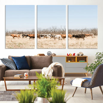 16563092-MGV-CV-36X24-Texas Longhorns Wall Art Canvas Print, Framed Western Cattles Art Picture Print, Rustic Herd Perfect Rustic Farmhouse Decor